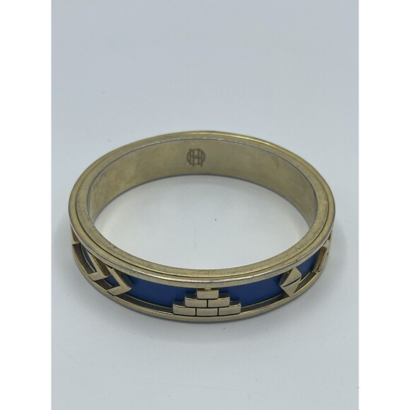 House Of Harlow Blue Leather Gold Tone Metal Aztec Bangle Bracelet - Picture 2 of 6